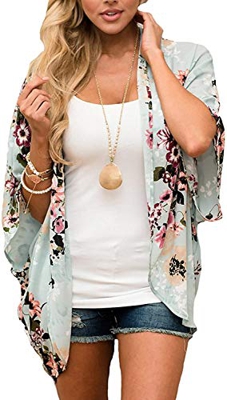 JFAN Mujer Chal Flojo Cárdigan Kimono Florales Caftán de Playa Blusa de Gasa Boho con Estampado Floral Ahumado Blusa Floral Suelta Casual(Verde Floral