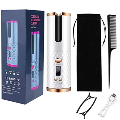 LUHUANONG Rizador de Pelo automático inalámbrico, Plancha rizadora Recargable USB, Pantalla LCD, Plancha rizadora giratoria de cerámica para Mujeres (