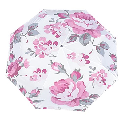 Paraguas anti-UV para sol/lluvia,Shabby Flora Rosas rosadas con hojas grises Plantas de jardín Flores de primavera Paraguas de viaje a prueba de vient