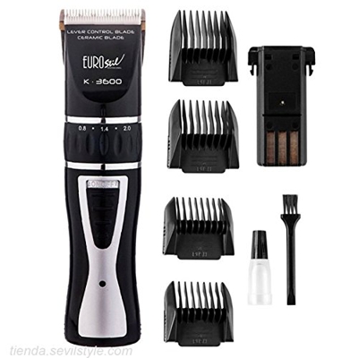 Eurostil Cortapelos K3600 Máquina corte de pelo profesional, color negro - Cabezal cerámico, regulador de corte (0.8 a 2.0mm) - Incluye 2 baterías, 4 