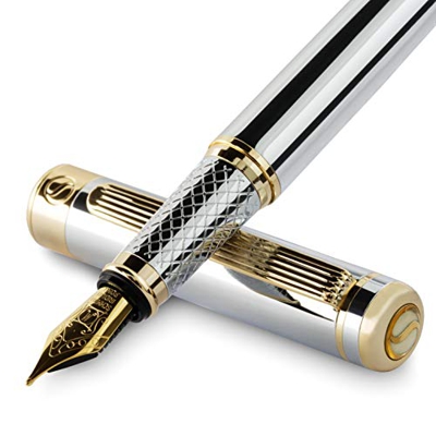 Scriveiner Pluma Estilográfica Plateada con Detalles de Oro de 24k y 18K para una Caligrafía Suave y Elegante, Plumilla y Convertidor Instalado Schmid