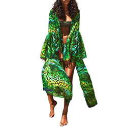 Pareo de Bikini para Mujer Cover Up para Playa Estampado Palmas Cárdigan Largo Mangas Largas Estilo Bohemio Bata Kimono Mujer Playa para Verano (Verde precio