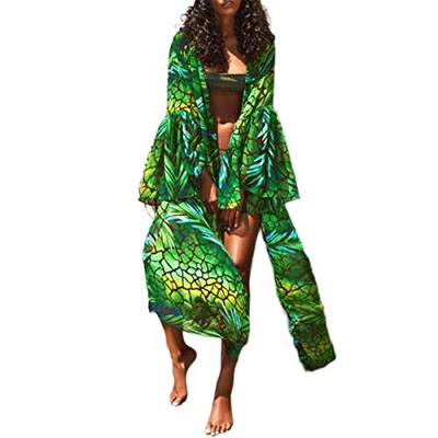 Pareo de Bikini para Mujer Cover Up para Playa Estampado Palmas Cárdigan Largo Mangas Largas Estilo Bohemio Bata Kimono Mujer Playa para Verano (Verde