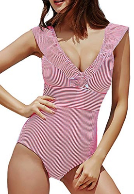 JFAN Mujer Traje de Baño Una Pieza Bikini Impresión de Rayas Volante Fruncido Ropa de Playa Bikini Sets(Rojo,XL)