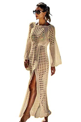 Voqeen Mujer Manga de murciélago Ahuecar Bikini De Punto Cubrir Vestido Playero de Playa (Beige A, Un tamaño)