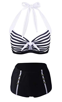 LA ORCHID Laorchid - Bikini de dos piezas para mujer, cintura alta, push-up, con sujeción al cuello, Negro , 42