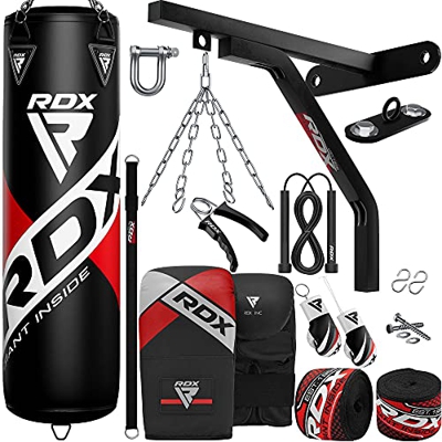 RDX Saco de Boxeo Adulto Relleno 4ft 5ft, 17PC Maya Hide Cuero Punching Bag Set con Guantes Vendas Cadena y Soporte, Bolsa Pesada para Artes Marciales