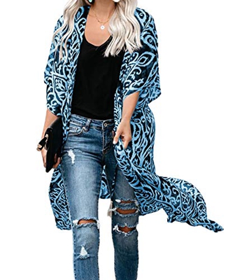 Kimono Cardigan Mujer Largo Verano Ropa de Playa Pareos Manga Corta Retro Impreso Blusa Tunica Vestido de Playa Cover Up (Talla única, Azul)