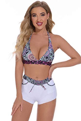 heekpek Bikinis Mujer Push Up Halter Bikini Estampado Cuello de V Trajes de Baño Mujer Bañadores Tops y Braguitas 2 Piezas