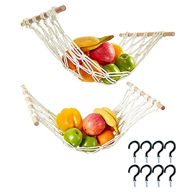 Nirmon Hamaca de Frutas Colgante de 2 Piezas - Hamaca de Frutas de Macramé con Varilla de Madera y Ganchos - Hamaca de Frutas para Cocina Debajo del G