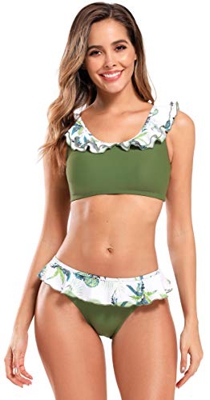 SHEKINI Mujer Bikinis Conjuntos Traje de Baño Dividido para Mujer Traje de Baño de Dos Piezas con Cuello en U con Volantes (L, Verde Hierba)