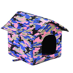 Kongxin Caseta para mascotas al aire libre, impermeable con camuflaje, seguro y cálido, casa para gatos calentita, casa para animales en interiores y  características