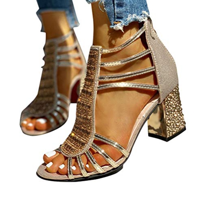 Minetom Sandalias Mujer Bombas Tacones De Bloque Tacones Altos Zapatos Verano Sandalias con Cremallera Fiesta Ocio Boda Noche Sandalias A Dorado 39 EU