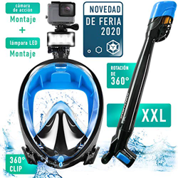 Co2 Máscara de Buceo con esnórquel de 360° +Clip rápido, LED y Soporte para la cámara | Sin respiración pendular | Máscara Snorkel Easybreath niños y  en oferta