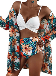 EUDOLAH Conjunto de Disfraz 3 Piezas Mujer Bikini Sujetador Cruzado Blanco Braguitas de Bikini con Cintura Alta Kimono de PlayaHoja Fiorega Amarilla y características