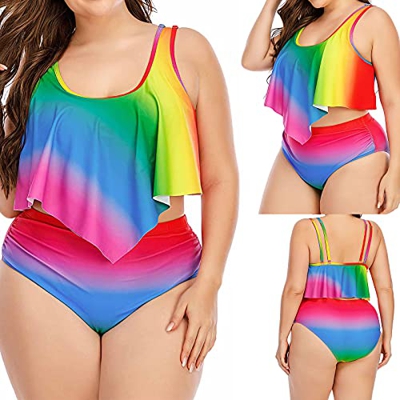 Conjunto de Bikinis Nuevo 2021 Talla grande Mujer Trajes de Baño dos piezas Volante Ropa de Playa arcoíris Impresión Sexy Push up Bikini spa Cintura a