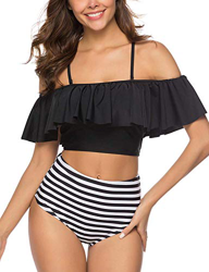 Voqeen Mujer Bikini con Cuello Halter Acolchado y Volante Acanalado de Cintura Alta y Traje de baño precio