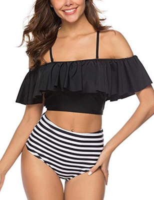 Voqeen Mujer Bikini con Cuello Halter Acolchado y Volante Acanalado de Cintura Alta y Traje de baño