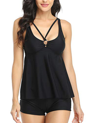 Tankini Traje de Baño Mujer Dos Piezas Volantes Bañador Correa Halter Impresión Vestido Pantalones Cortos Conjuntos (Negro 2XL) en oferta