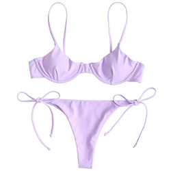 ZAFUL - Conjunto de bikini para mujer, parte superior con aros, push-up, escote balconette e inferior tipo tanga con lazos en los laterales morado L en oferta