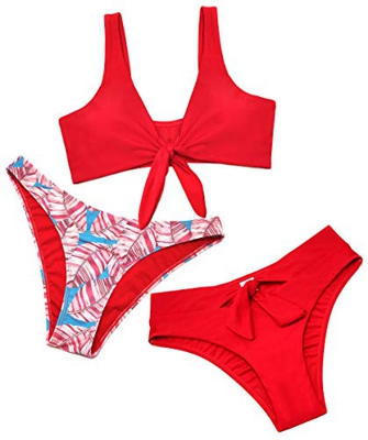 SHEKINI Conjunto De Bikini De 3 Piezas para Mujer Traje De BañO con Escote Y Cordones Correas Anchas Chaleco Bikini De Cintura Alta Flores (Rojo, XL)