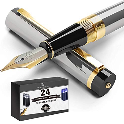Estilográfica de Lujo Dryden [Plata con 24 cartuchos de tinta] | Edición Limitada Moderna Clásica | Set de Plumas Estilográficas Ejecutivas | Colecció