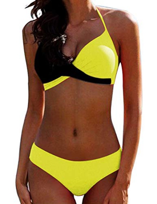Bikini Elegante Traje de Baño Conjunto Bañador Halter Sexy Sólido para Mujer Ropa de Playa Traje de Baño Bikini Sets Talla Grande (Amarillo Negro, M)