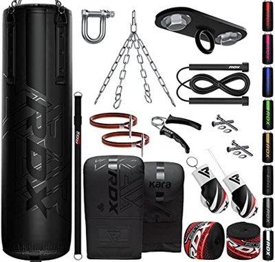 RDX Saco de Boxeo Adulto Relleno 5ft 4ft, 13PC Maya Hide Cuero Punching Bag Set con Guantes Vendas Cadena Techo Soporte, Artes Marciales MMA Kick Boxi