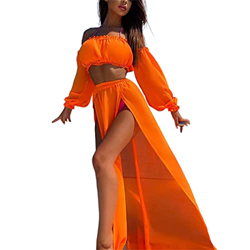 L&ieserram Womens Bikini Cover ups Set de ropa 2 piezas Sexy Mesh Off Hombro Crop Top Camisas + Falda larga Sarong Divisa ver a través de vestidos de  características