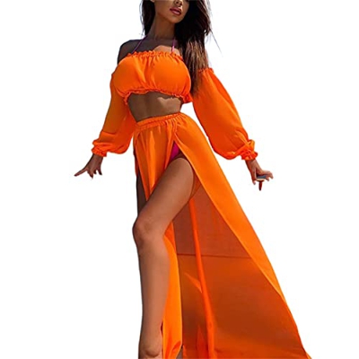 L&ieserram Womens Bikini Cover ups Set de ropa 2 piezas Sexy Mesh Off Hombro Crop Top Camisas + Falda larga Sarong Divisa ver a través de vestidos de 
