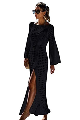 Voqeen Mujer Manga de murciélago Ahuecar Bikini De Punto Cubrir Vestido Playero de Playa (Negro A, Un tamaño)