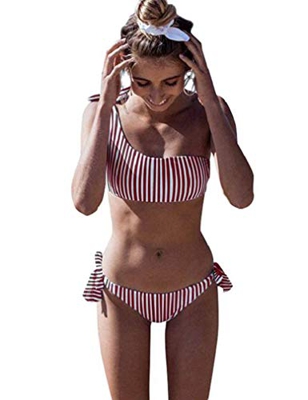 heekpek Conjunto de Bikini de Un Hombro Mujer Padded Sexy Un Hombro Trajes de Dos Piezas Conjuntos Traje De Baño Raya Bandage Bikini Mujer Playa Veran