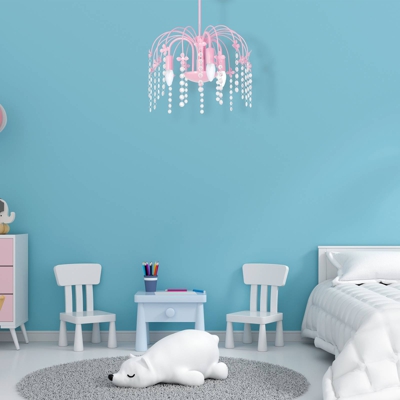 Lámpara araña Laura, lluvia cristal, rosa, 3 luces