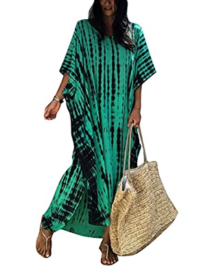 YIYIN Vestido de Playa Mujer Pareos y Camisola Sexy Traje de Baño Bohemio Floral Maxi Túnica Pareo Bikini Cover Up Verde y Negro Talla única
