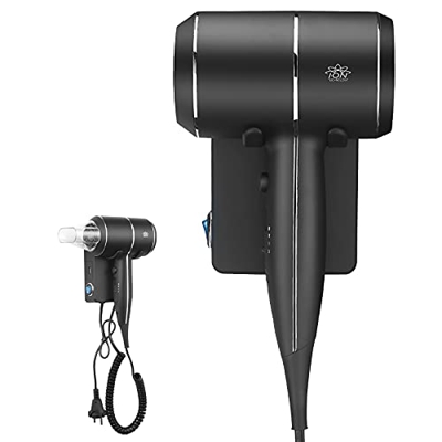 QL Secador de Pelo de Pared con Iones y Protección de Temperatura, 2000W, Secador con Soporte y Puerto USB, para Casa, Hotel, Color Negro Mate