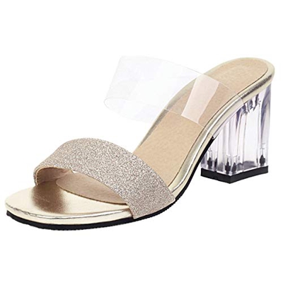 DunaCuna Mujer Moda Tacón Ancho Sandalias sin Cordones Vestido Zapatos de Fiesta Punta Abierta Biller Sandalias Gold Talla 48 Asiática