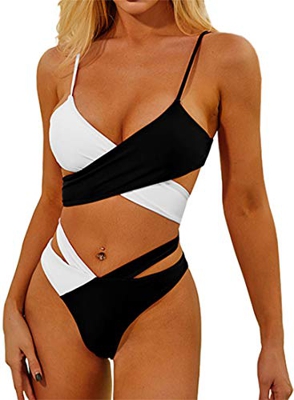 EUDOLAH Bañador Bicolor para Mujer Bikini Cruzado para Mujer con Nudo(1-Blanco y Negro,L)