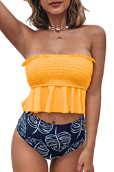 CUPSHE Conjunto de Bikini Fruncido con Volante Cintura Alta Tirantes Ajustables Braguita Estampada de Hojas, Amarillo, M en oferta