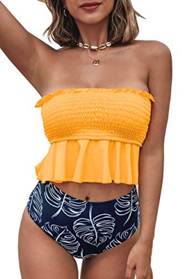 CUPSHE Conjunto de Bikini Fruncido con Volante Cintura Alta Tirantes Ajustables Braguita Estampada de Hojas, Amarillo, M