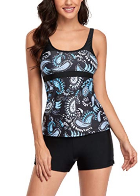 AOQUSSQOA Mujeres Floral Halter Tankini Set con Shorts Bikini de Traje de baño Deportivo de Cintura Alta (Blue, XXL)
