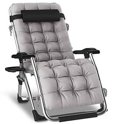 KEPLIN Sillas resistentes Textoline Zero Gravity extra grandes | Tumbonas de jardín al aire libre | Sillas reclinables plegables (gris con cojines)