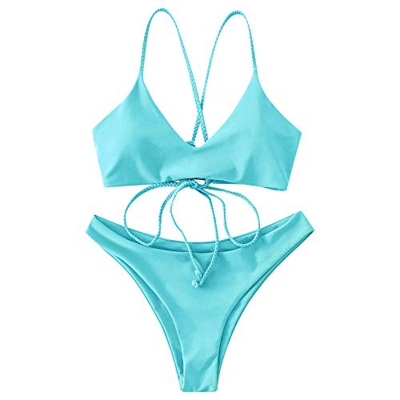 ZAFUL Conjunto de bikini para mujer cruzada cruzada con tanga acolchada, azul claro, M