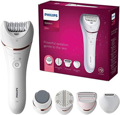 Philips Depiladora serie 8000, depiladora inalámbrica húmeda y seca, sistema de cuidado de la piel, para piernas, cuerpo con 9 accesorios, incluye cab