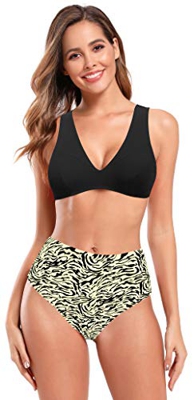 SHEKINI Conjunto De Bikini De Dos Piezas para Mujer Tops con Cuello En V Profundo Cintura Alta Bikini con Flores Parte Inferior Acolchada Bikini De Pl