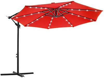 SONGMICS Parasol excéntrico de jardín, con 32 Leds de luz Solar, Sombrilla Ø 3 m con Base, Protección UPF50+, Manivela para Abrir/Cerrar, Terraza/Pati