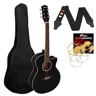 Tiger ACG1-BK Guitarra acústica de cuerpo pequeño con cuerdas de acero para principiantes - Negro