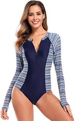 SHEKINI Traje de Baño de una Sola Pieza para Mujer Traje de Baño de Manga Larga Protector Solar (M, Azul Oscuro)
