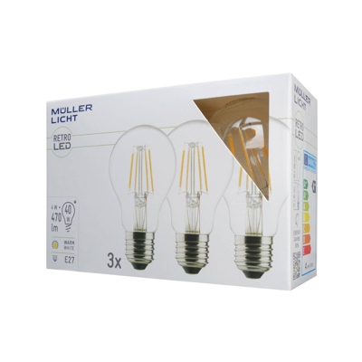 Bombilla LED E27 4W 2.700K filamento set 3, 470lm