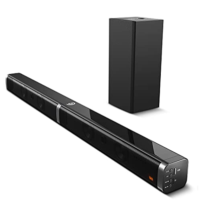 Barra de Sonido 2.1 Canales para TV con Subwoofer, Potencia 100W 110 dB, 5 Modos de Sonido, Bluetooth 5.0, Óptico, 3,5 mm AUX, USB, para Cine en Casa