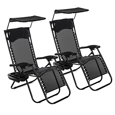 LIVIVO Juego de 2 tumbonas reclinables y plegables, para jardín con sombra ajustable, reposacabezas acolchados, mesas laterales con clip y tela textol